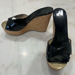Jimmy Choo Panna Black Patent Leather Cork Wedges Size 38 1/2